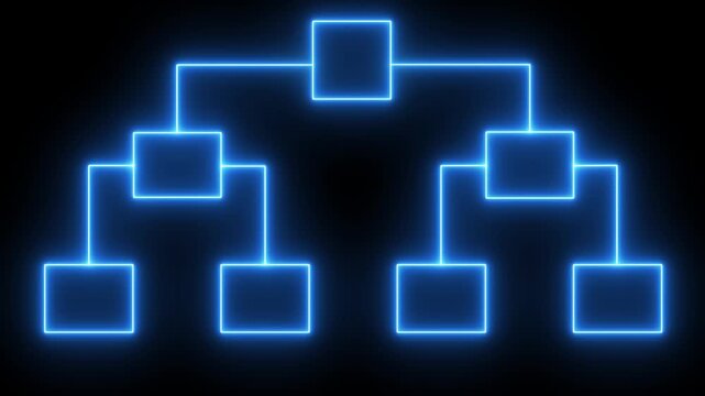 Futuristic minimalist blue neon organizational hierarchy glowing in digital void - 4K.  communication concept video on black background, network and communication video.