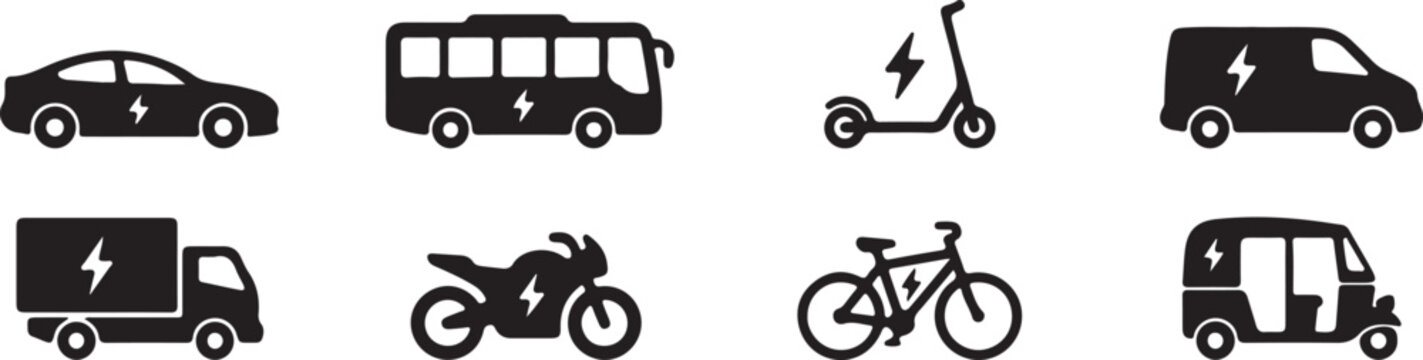 Black electric vehicle icons including car, bus, scooter, van, truck, motorcycle, bicycle