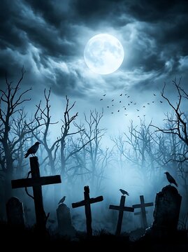Spooky graveyard scene at night, with full moon and creepy bare trees. Creepy atmosphere, evoking feelings of mystery and fear.
