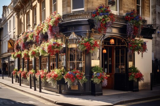 English pub building exterior with many colorful hanging baskets and window boxes
