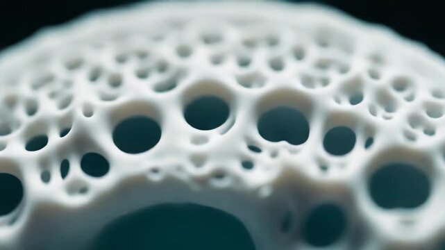 White abstract porous material creating a network of intricate shapes over a soft blue background, suggesting concepts of biology, science, medical research, and cellular structures