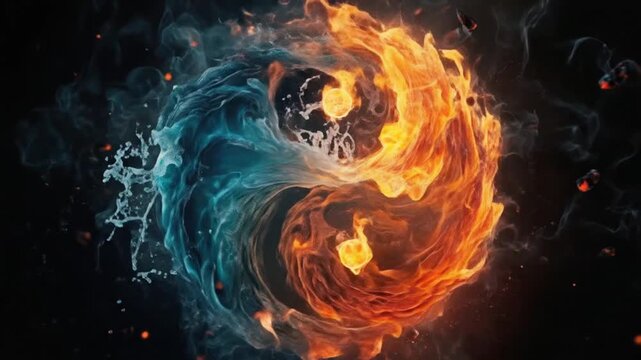 Dynamic abstract representation of elemental fire and water intertwining in a cosmic swirl, symbolizing balance, duality, and natural harmony