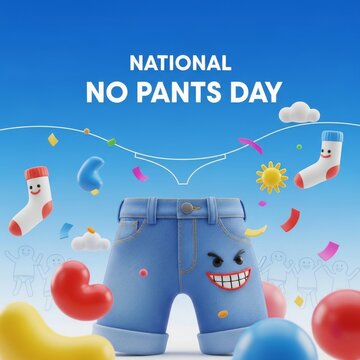 Funny cartoon jeans celebrate National No Pants Day with confetti