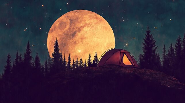 National Camping Week: lone tent on hilltop under enormous glowing full moon, milky way rendered as soft brushstrokes, silhouette of pine trees, person sitting outside looking at sky