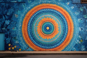 folk-mandala mural with concentric sun patterns in saffron and turquoise