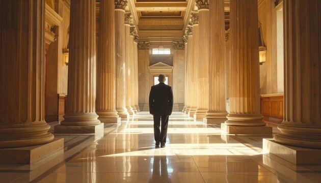 Distant Adult Figure Walking Through Sunlit Courthouse Hallway