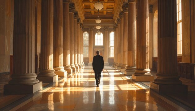 Distant Adult Figure Walking Through Sunlit Courthouse Hallway