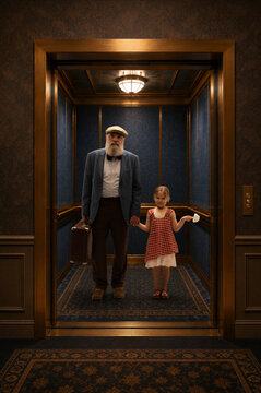 Elderly man and little girl standing in elegant old fashioned elevator. Concept of family travel, intergenerational bond, hotel storytelling and nostalgic heritage lifestyle.