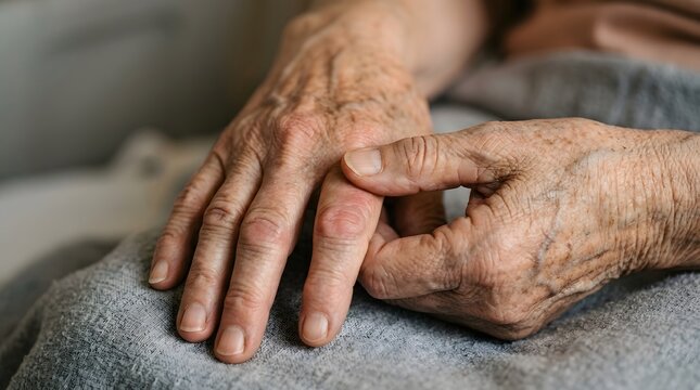 A senior individual massaging painful, arthritic hands with swollen nodes and slightly bent fingers, showcasing the struggles of elderly people living with chronic body ache