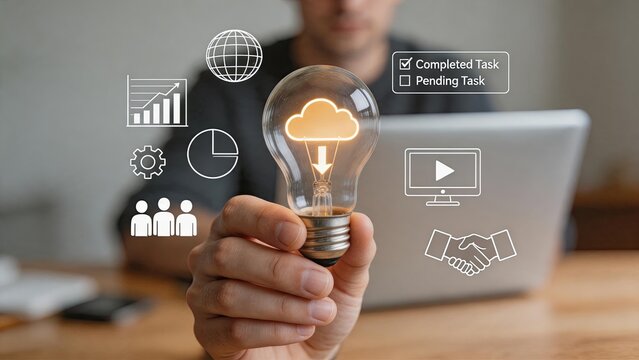 Hand holding light bulb with cloud computing icon inside, surrounded by business strategy symbols like charts, globe, and handshake, representing digital innovation, smart