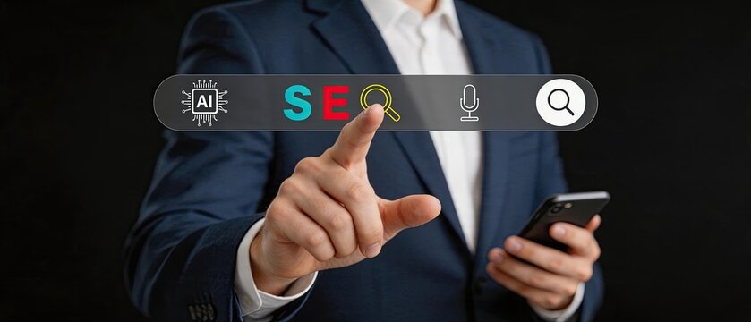 Man in suit touching virtual search bar with AI icon and SEO text, digital marketing concept, artificial intelligence optimization, voice search technology, mobile application