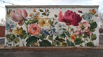 Fototapeta premium hyper-bright botanical mural of oversized flowers and vines, jewel tones on weathered brick