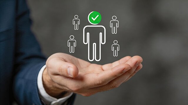 Hand holding group of people icons with selected candidate marked by green check, human resources recruitment, team building, employee selection, hiring process, leadership
