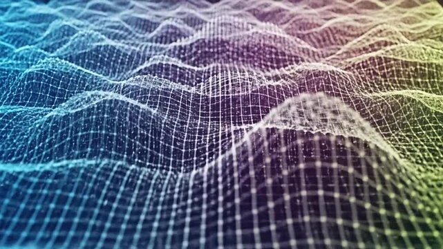 Abstract digital landscape with a colorful wavy grid of interconnected points