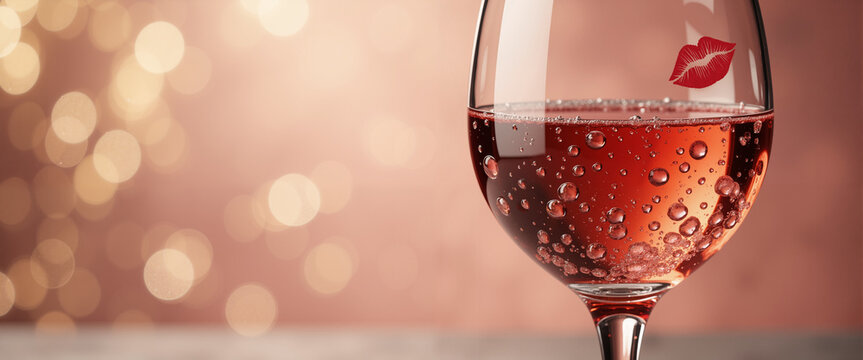 Wine glass with lipstick mark and sparkling rose wine for Wine Day  