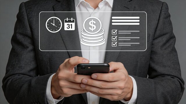 Executive using smartphone displaying financial dashboard with calendar, clock, money stack and checklist icons for budget planning, expense tracking, investment management and