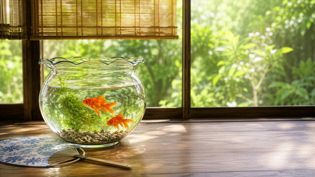うちわと金魚鉢のある夏の窓辺 日本の涼やかな暮らしの風景