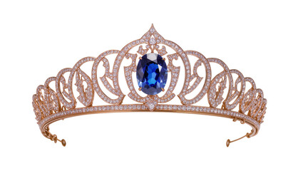 Ornate rose gold tiara with large blue sapphire and diamonds, isolated on transparent background © Noah