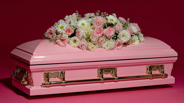 A high-gloss, soft pink casket adorned with a large, lush arrangement of white and pink flowers, presented against a solid deep red background.