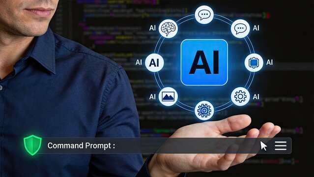 Developer holding hand under floating AI icons circle with command prompt bar, illustrating artificial intelligence integration in software development and coding.