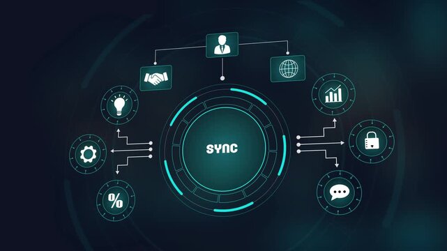 Futuristic digital sync interface with secure data synchronization network, cyber security technology for real-time information updates and global system connection.