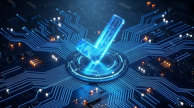 Centang Biru Digital pada Sirkuit Komputer, Simbol Kepercayaan dan Keamanan Data Teknologi