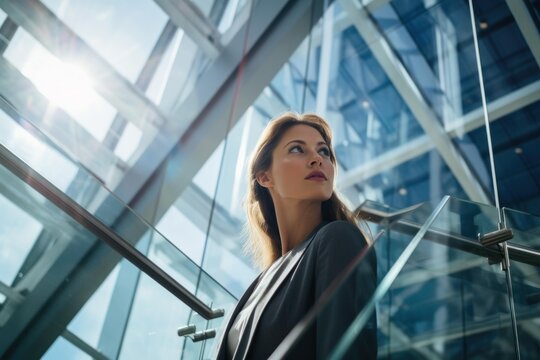 Confident businesswoman looking towards the future in a corporate building environment