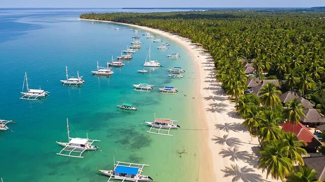 Numerous boats are anchored along a pristine tropical beach