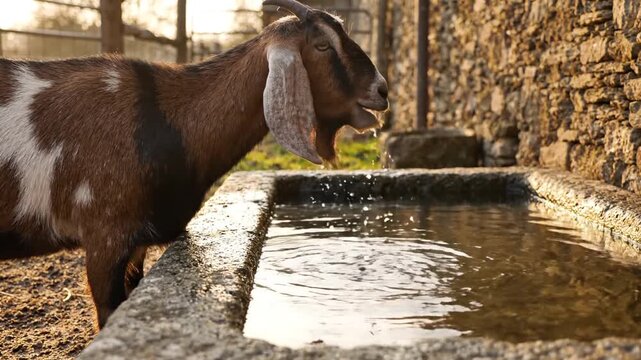 A Brown Goat With White Markings Drinking Water From Stone Trough In A Rustic Farmyard At Golden Hour