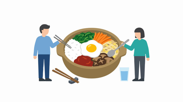 People eating a large bowl of bibimbap together