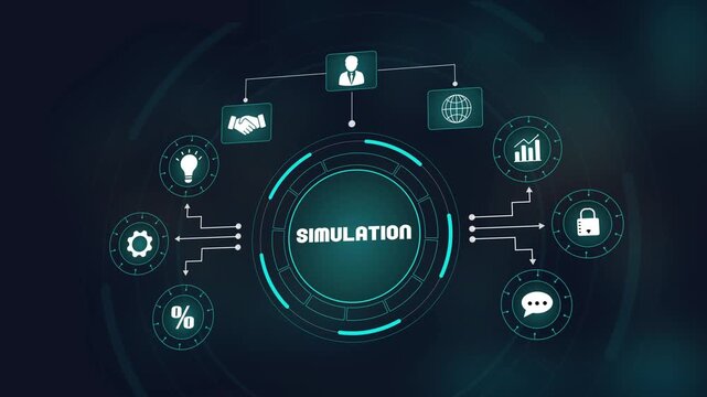 Futuristic digital simulation interface with secure virtual network, cyber security technology for data modeling, advanced system testing and global connection concept.