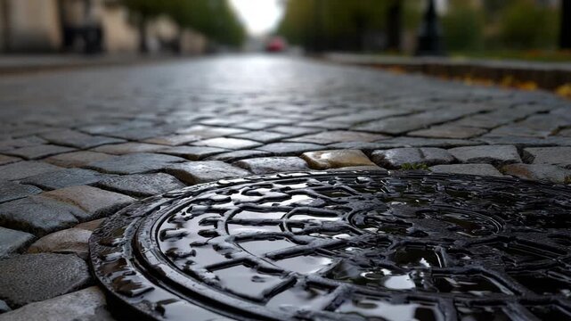 Wet manhole cover on a cobblestone street