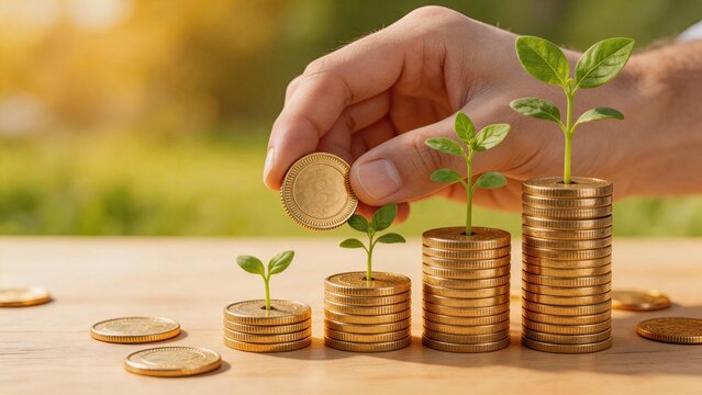 Hand placing gold coin onto stack with growing plant sprout, financial growth concept, investment savings accumulation, wealth building strategy, economic prosperity, money