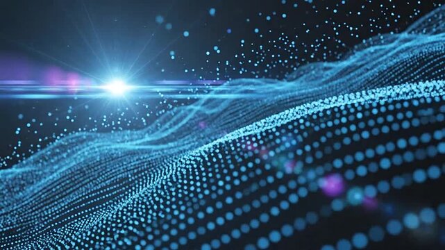 Abstract digital wave pattern with glowing blue particles and light flare