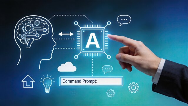 Futuristic artificial intelligence concept, human hand touching digital chip interface with glowing brain icon and command prompt box on dark blue background for tech innovation.