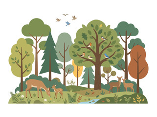 Fototapeta premium Cute Forest Landscape With Deer and Birds