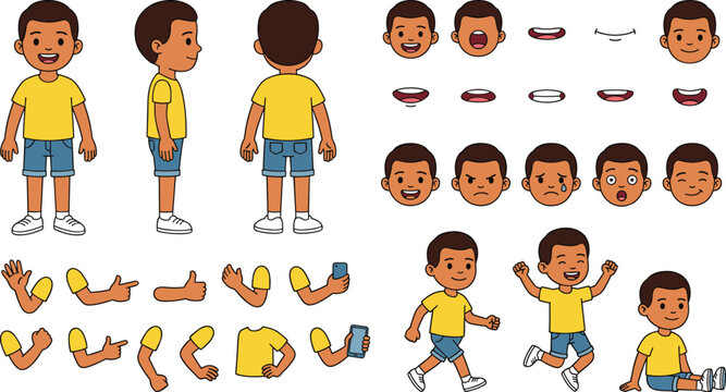 Little Boy Character Creation Kit with Editable Facial Expressions, Gestures, and Cartoon Body Parts for Vector Illustration Designs