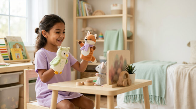 Creative young girl playing with hand puppets in her bedroom. Happy child acting out a story with owl and fox toys. Imaginative play and storytelling concept