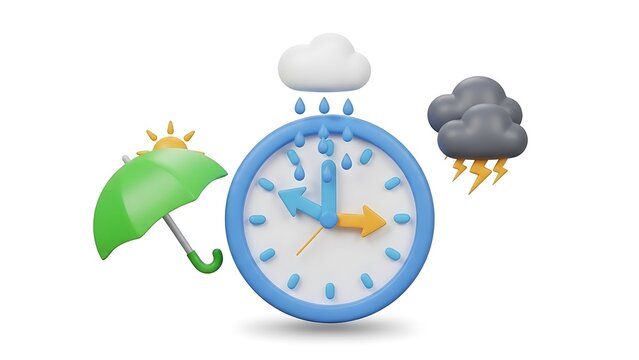 Conceptual clock illustrating changing weather conditions with rain clouds and sunlight lightning umbrella forecast meteorology climatology environment atmosphere isolated