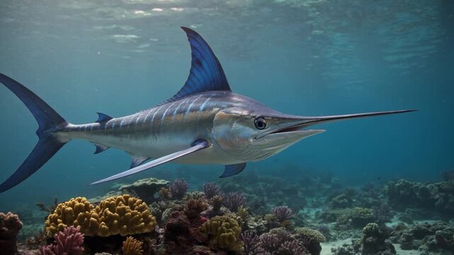 owerful swordfish swimming underwater in clear blue ocean water, viewed from a low angle with its long sword-like bill, tall dorsal fin, and streamlined body highlighted by sunlight rays  