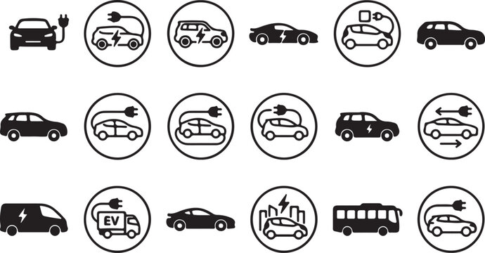 Black electric and hybrid car icons and symbols