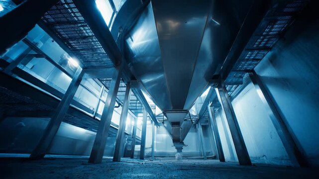 Large industrial steel storage tank with conical bottom, supported by metal structures and catwalks inside a modern factory bathed in cool blue lighting and clean architecture