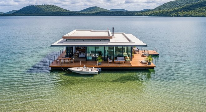 Sleek contemporary floating house featuring expansive glass panels and wooden deck situated in a calm lagoon