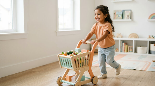 Smiling little girl pushing a wooden toy shopping cart filled with play food. Child playing pretend grocery shopping in a bright playroom