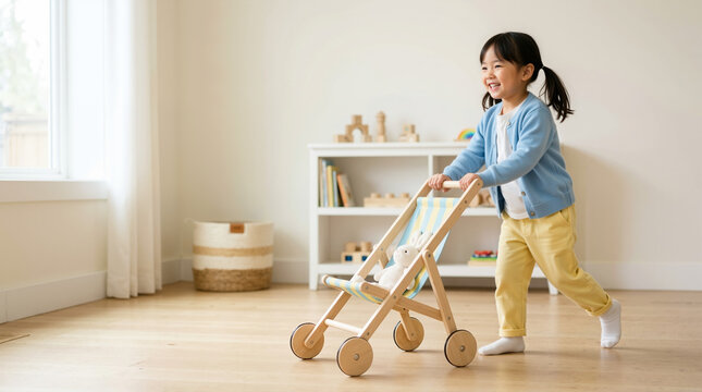 Happy little girl pushing a wooden toy stroller with a stuffed bunny. Child playing pretend in a bright room with light wood floors