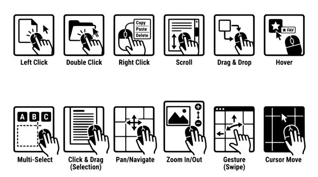 Cursor icons set with various computer mouse and touch gestures featuring user interface, UI, UX with left click and double click elements for right