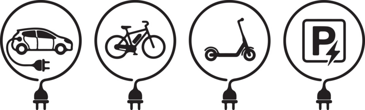 Electric vehicle charging icons for car, bike, scooter and parking