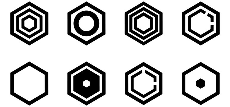 Hexagon glyph icon set for technology, science, and data visualization