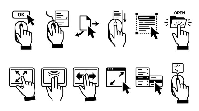 Hand drawn icons set with black arrows and cursor interactions on screen. featuring computer, touch, tap with click and gesture elements for