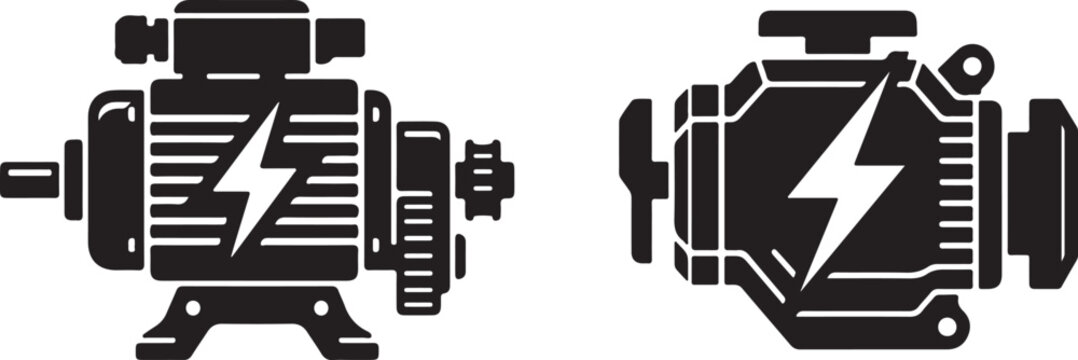 Black and white icons of electric motors with lightning bolt
